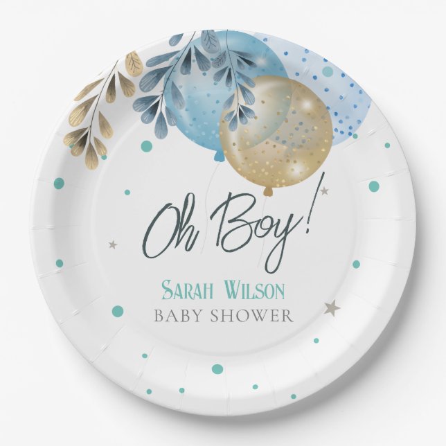 Oh Baby Blue Balloons Boy Baby Dusche Pappteller (Vorderseite)