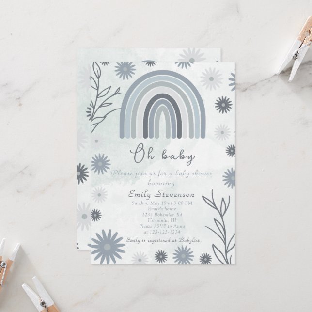 Oh Baby Blue Boho Floral Baby Dusche Einladung (Vorderseite/Rückseite Beispiel)