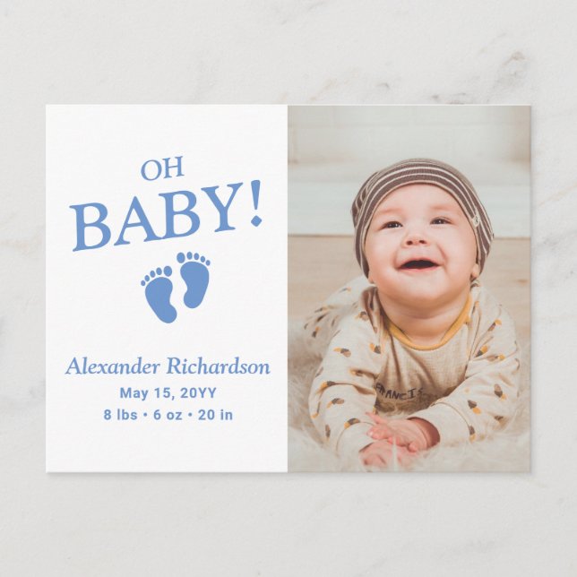 Oh Baby Blue Custom Foto Boy Birth Ankündigung (Vorderseite)