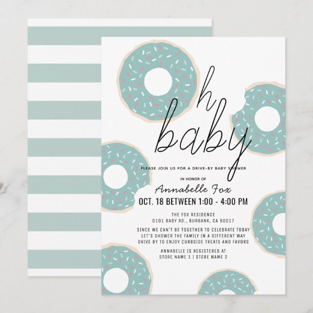 Oh Baby Blue Donut Boy Drive-by Baby Dusche Einladung (Vorne/Hinten)