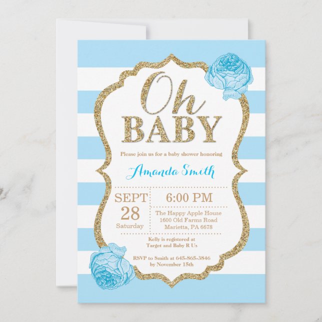 Oh Baby Blue et Baby shower d'or Invitation (Devant)