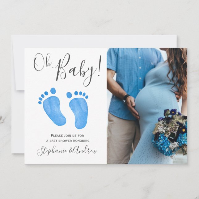 Oh Baby Blue Feet Foto Babydusche Einladung (Vorderseite)