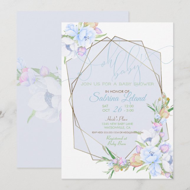Oh Baby Blue Floral Baby Dusche Crystal Frame Einladung (Vorne/Hinten)