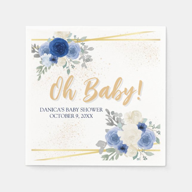 Oh Baby Blue Floral & Gold Baby Dusche Napkins Serviette (Vorderseite)