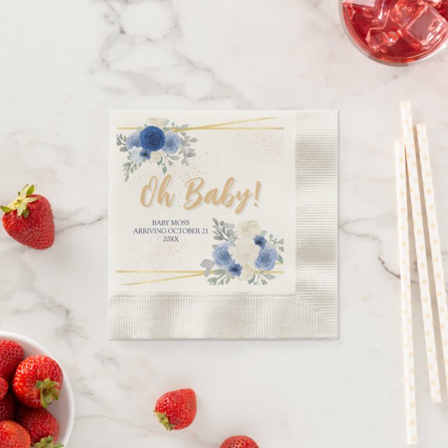 Oh Baby Blue Floral & Gold Cocktail Fox Napkin Serviette (Beispiel)