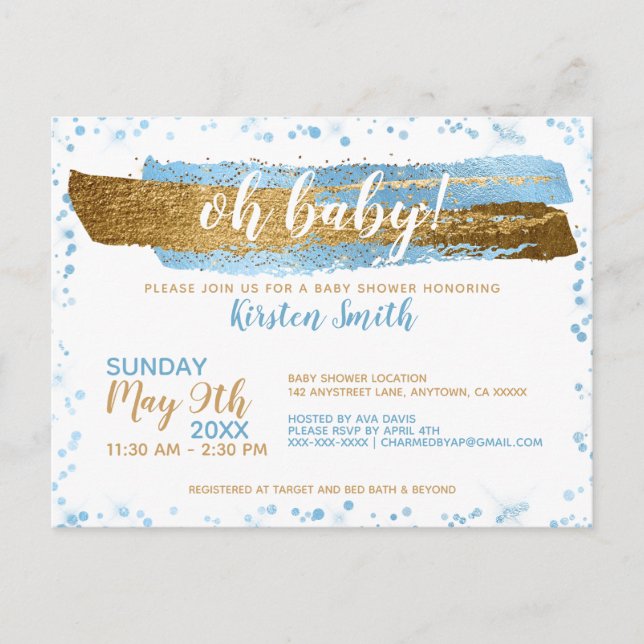 Oh Baby Blue & Gold Boy Baby Shower Invitations (Devant)