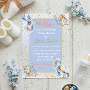 Oh Baby Blue Gold Ginkgo Leaf Baby Dusche Einladung