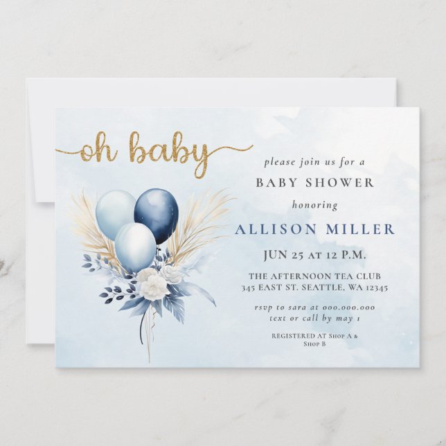 Oh Baby Blue Gold Pampas Boho Boy Baby Dusche Einladung (Vorderseite)