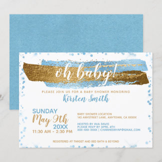 Oh Baby Blue Gold Simple Elegany Baby Shower Einladung