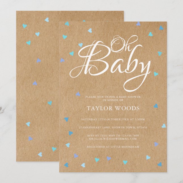 Oh Baby Blue Liebe Herz Babydusche / Sprinkle Einladung (Vorne/Hinten)