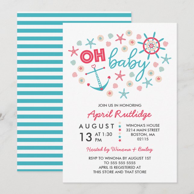Oh Baby Blue & Red Nautical Baby Dusche Einladung (Vorne/Hinten)