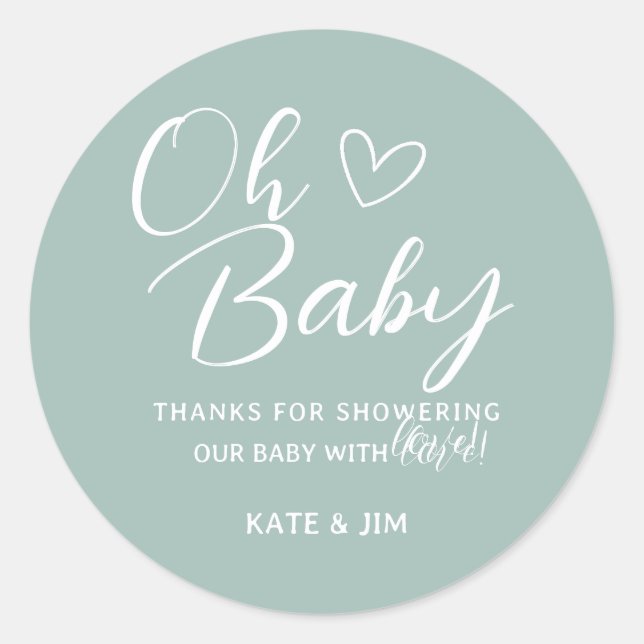 Oh Baby Blue Sage Green Baby Dusche Danke Runder Aufkleber (Vorderseite)