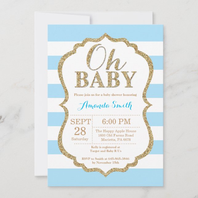 Oh Baby Blue und Gold Baby Dusche Einladung (Vorderseite)