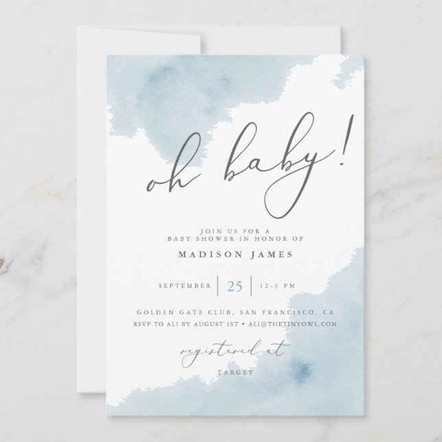 Oh Baby Blue Watercolor Baby Dusche einladen Einladung (Vorderseite)