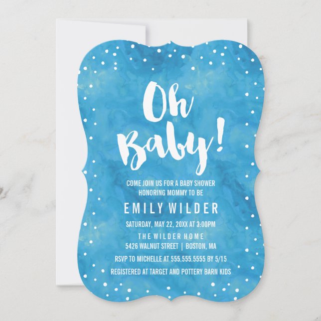 Oh Baby Blue Watercolor Baby Dusche Einladung (Vorderseite)