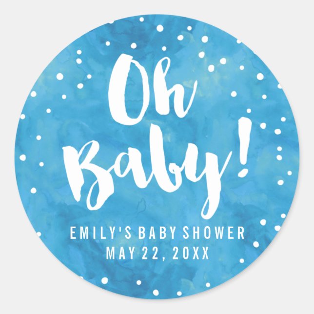 Oh Baby Blue Watercolor Baby Dusche Runder Aufkleber (Vorderseite)