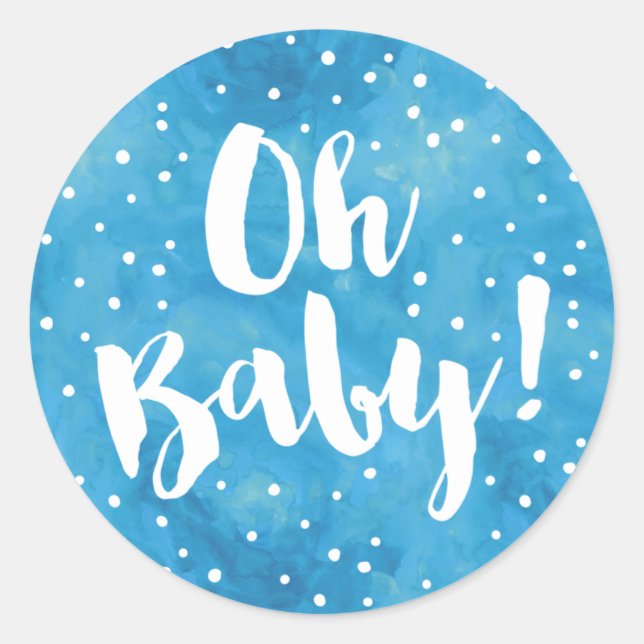 Oh Baby Blue Watercolor Baby Dusche Runder Aufkleber (Vorderseite)