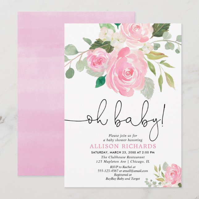 Oh baby Blush Girl Dusche Blumenfarben Einladung (Vorne/Hinten)
