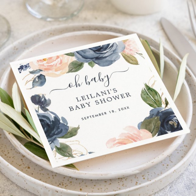 Oh Baby Blush Navy Border Watercolor Babydusche Serviette (Floral border oh baby with a blush pink and navy blue baby shower napkin for an elegant design.)