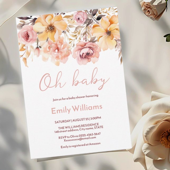 Oh Baby Blush Pink Blumendusche Einladung (Blush pink and peach peonies watercolor girl baby shower invitation )