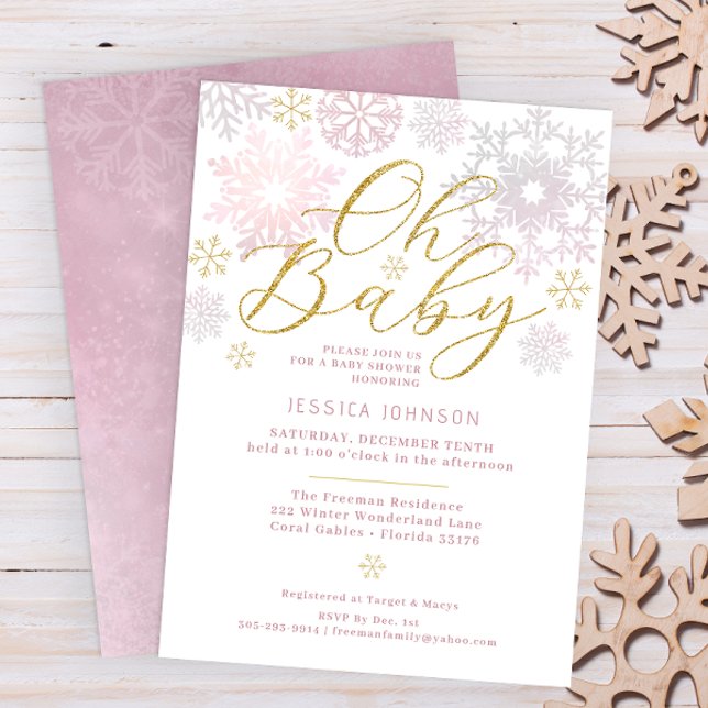 Oh Baby Blush Pink Snowflake Invitation douche (Oh Baby Winter Wonderland Baby Shower - Pink & Glitter Gold)