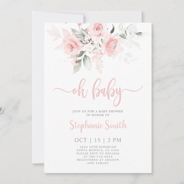 Oh Baby Blush rose Baby shower fille Invitation (Devant)