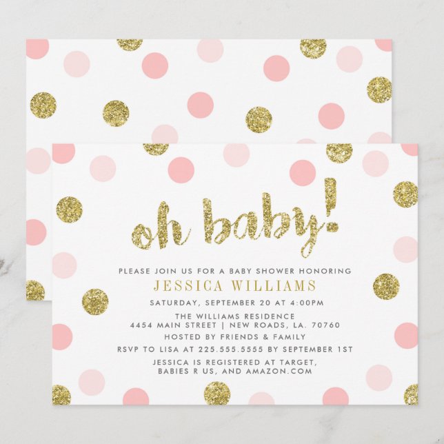 Oh Baby Blush rose et Baby shower d'or Invitation (Devant / Derrière)