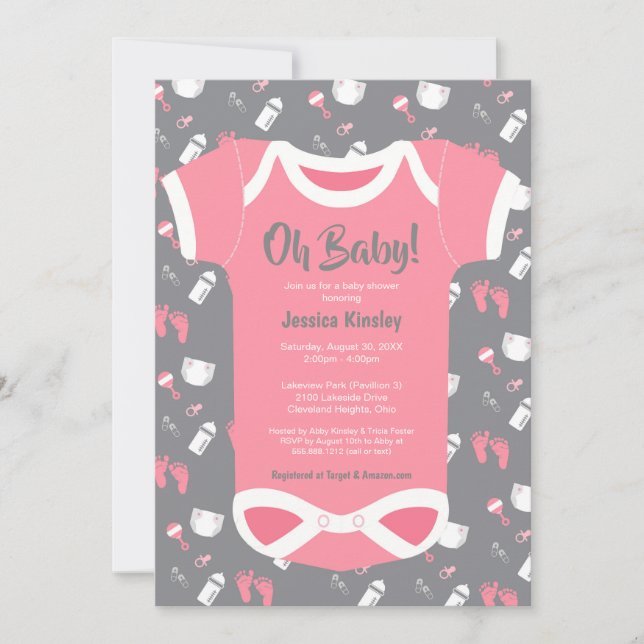 Oh, Baby! Bodysuit Mädchendusche Einladung (Vorderseite)