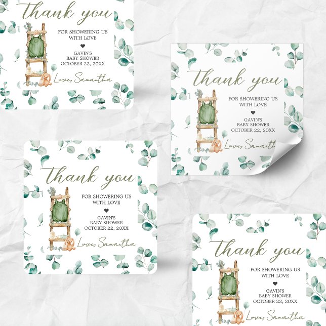 Oh Baby Boho Eucalyptus Baby Dusche Quadratischer Aufkleber (Oh Baby Greenery Baby Shower Sticker)