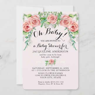 Oh Baby BOHO Shower Girl Pink Rose Floral Script  Einladung
