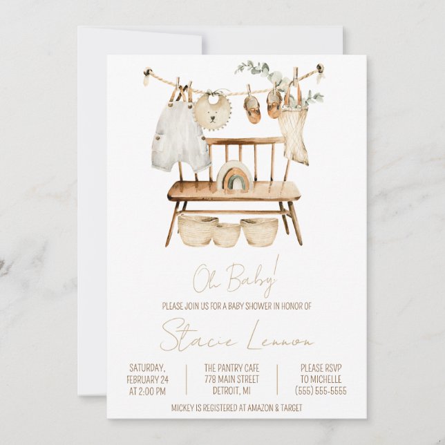 Oh, Baby! Boho, Unisex, Clothesline Babydusche Einladung (Vorderseite)