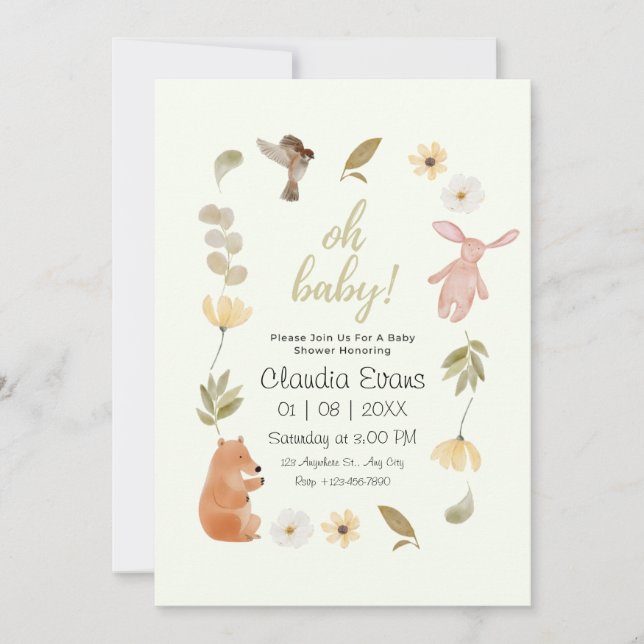 Oh Baby Boho Woodland Gender neutrale Babydusche Einladung (Vorderseite)
