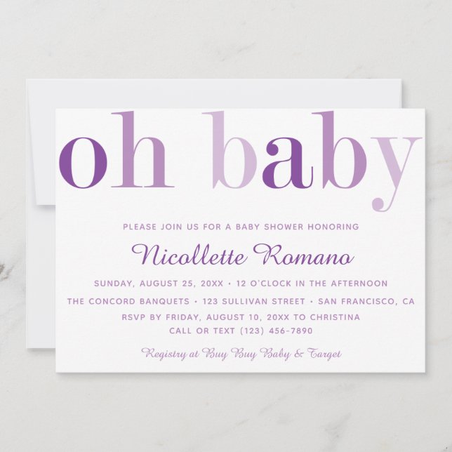Oh Baby Bold Lila Typografy Baby Shower Einladung (Vorderseite)