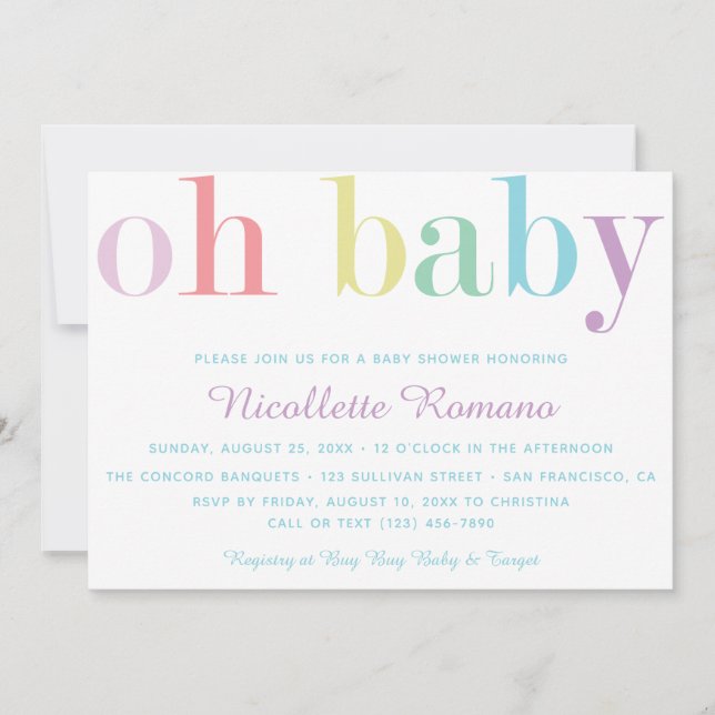 Oh Baby Bold Pastel Rainbow Baby Shower Einladung (Vorderseite)