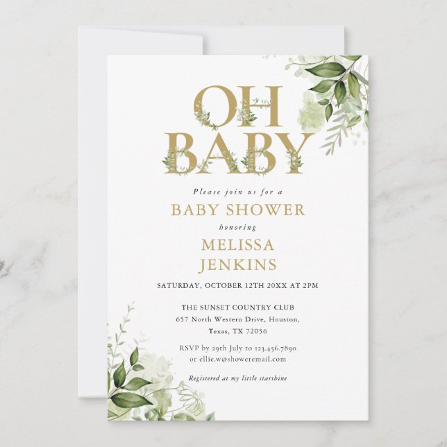 Oh Baby Botanical Greenerenery Gold Baby Dusche Einladung (Vorderseite)