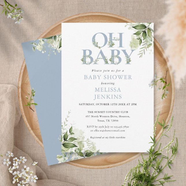 Oh Baby Botanical Greenery Dusty Blue Baby Dusche Einladung (Von Creator hochgeladen)