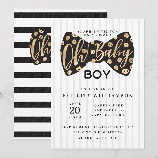 Oh Baby Boy Black & Gold Bow Krawatte Babyduschkar Einladung (Vorne/Hinten)