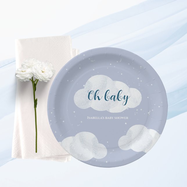 Oh Baby Boy Blue Clouds Sky Stars Baby Dusche Pappteller (oh baby clouds boy baby shower blue sky stars)