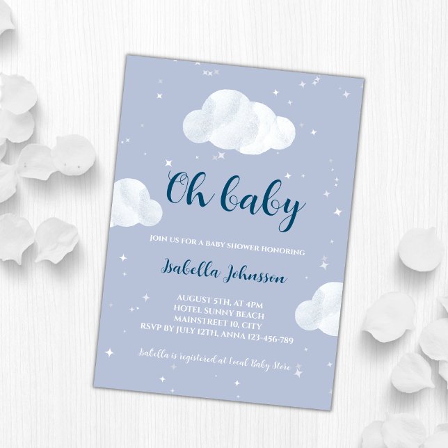 Oh Baby Boy Blue Clouds Sky Stars Baby Shower Einladung (oh baby boy blue clouds baby shower invitation)