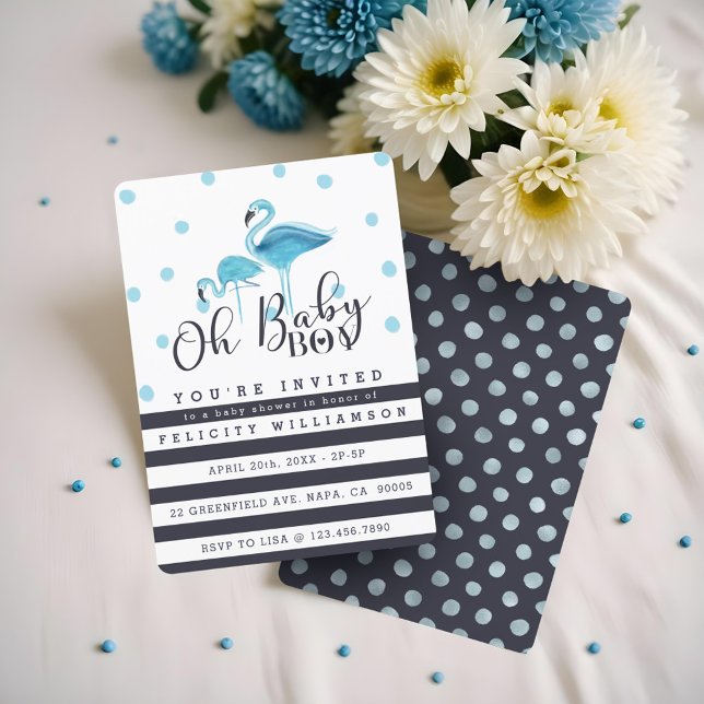 Oh Baby Boy Blue Flamingo Baby Dusche Einladung (Oh Baby Boy Blue Flamingo Baby Shower Invitation)