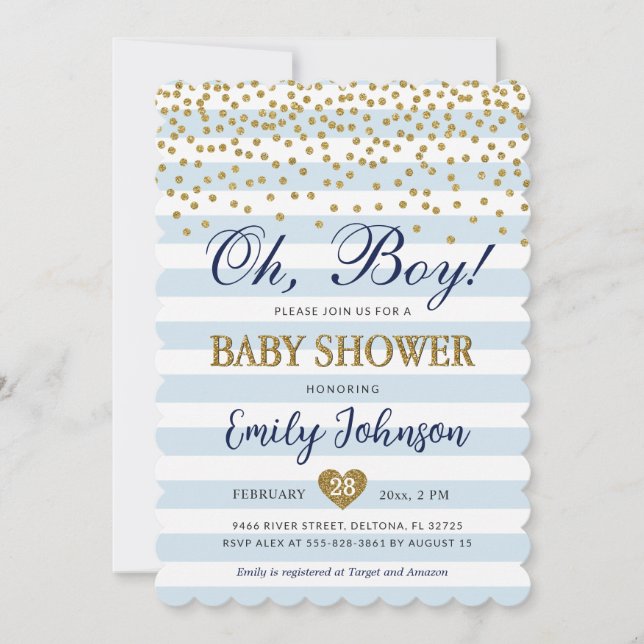 Oh Baby Boy Blue Gold Baby shower Invitation (Devant)