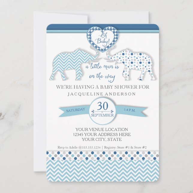 Oh Baby BOY Dusche Herz Elefanten Kleiner Mann Einladung (Vorderseite)
