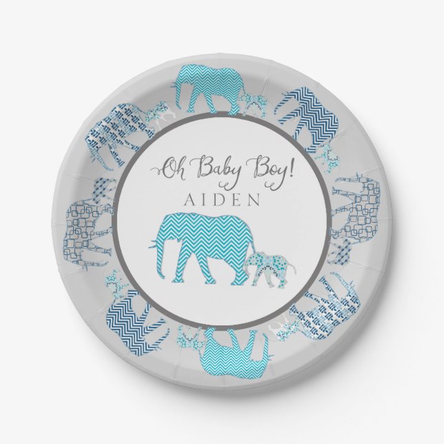 Oh Baby Boy Gemustert Elefanten Zickzack Moderne Pappteller (Vorderseite)