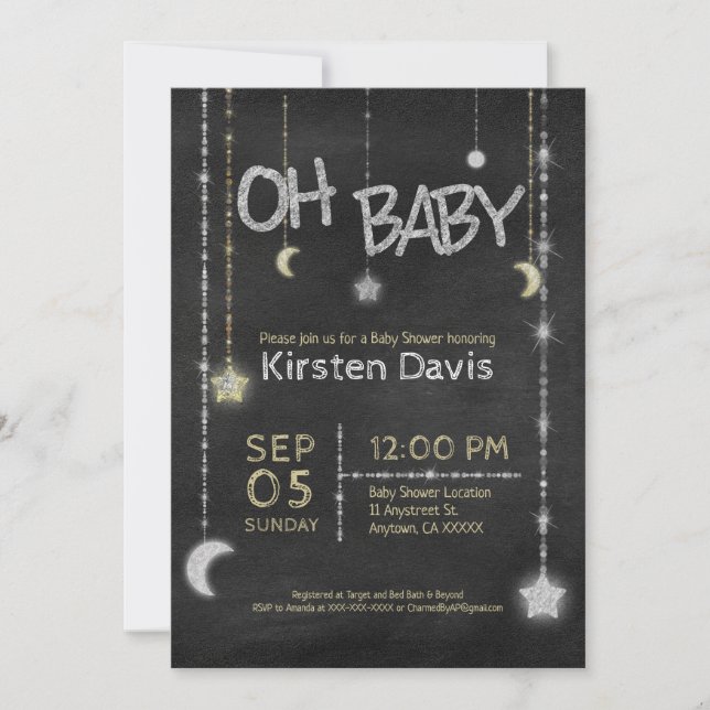 Oh Baby Boy Girl Chalkboard Moon Stars Kinderdusch Einladung (Vorderseite)