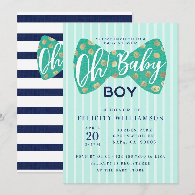 Oh Baby Boy Green & Navy Bow Krawatte Einladung (Vorne/Hinten)