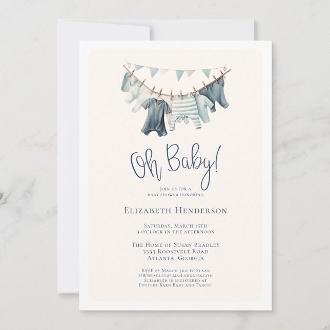 Oh Baby Boy Kleidung auf Clothesline Baby Dusche Einladung (Vorderseite)