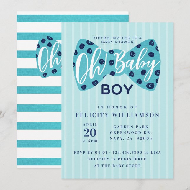 Oh Baby Boy Navy & Aquamarin Bow Krawatte Einladun Einladung (Vorne/Hinten)