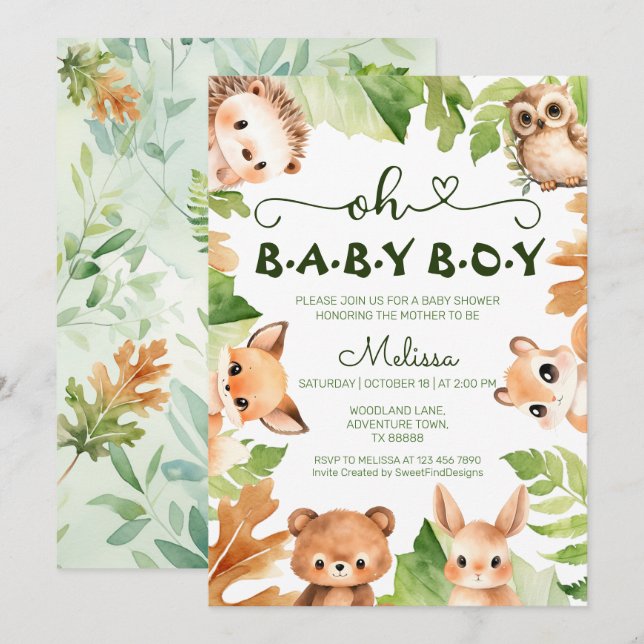 Oh Baby Boy Spring Forest Animals Baby Dusche Einladung (Vorne/Hinten)