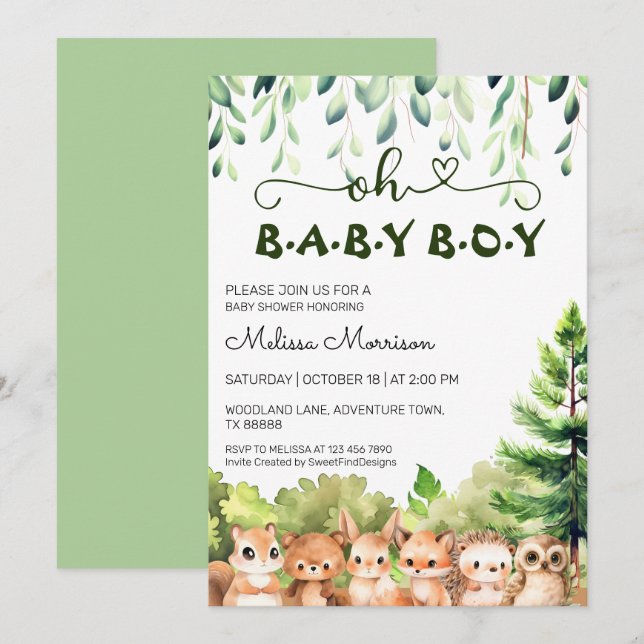 Oh Baby Boy Woodland Dusche Einladung (Vorne/Hinten)