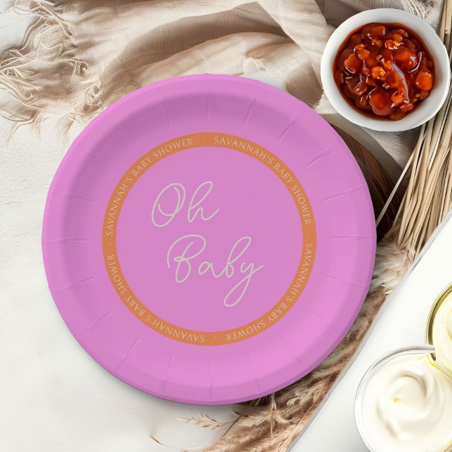 Oh Baby Bright Pink und Orange Baby Dusche Pappteller (Oh Baby Baby Shower personalized paper plates from my Tricolor Baby Shower Collection)